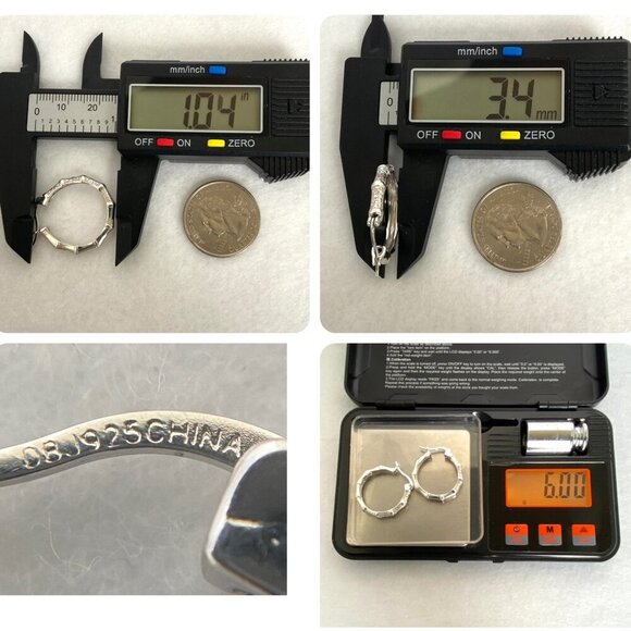 Sterling Silver 925 DBJ Bamboo Style Single Diamond Hoop Earrings MISSING STONE - Picture 10 of 16